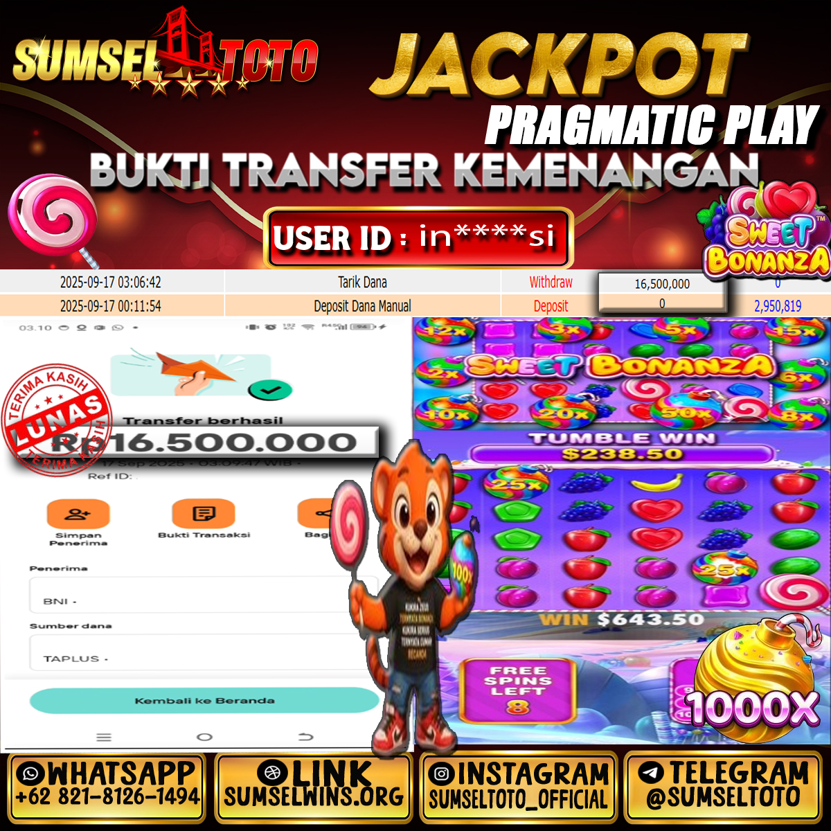 SUMSELTOTO JACKPOT SWEET BONANZA Rp.16,500,000.,- LUNAS